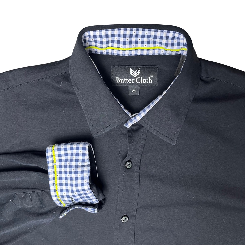 Butter Cloth Shirt Mens M Black Gingham flip‎ cuff Trim Stretch L/S Icy cotton